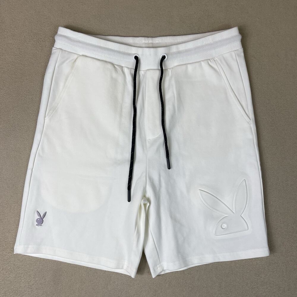 Playboy x SUB Short Mens L White Athletic Embroidered Logo Elastic Waist Regular